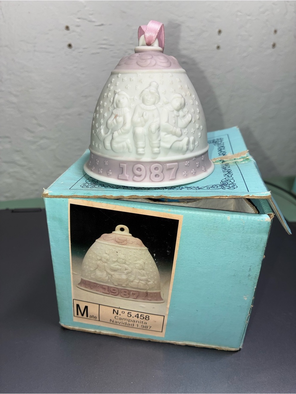 Vintage Lladro 1987 Porcelain Bell Ornament - Pink and White